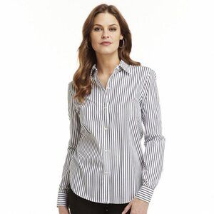 Chaps Women's No Iron Button Front Striped Long Sleeve Shirt, Black White, XS